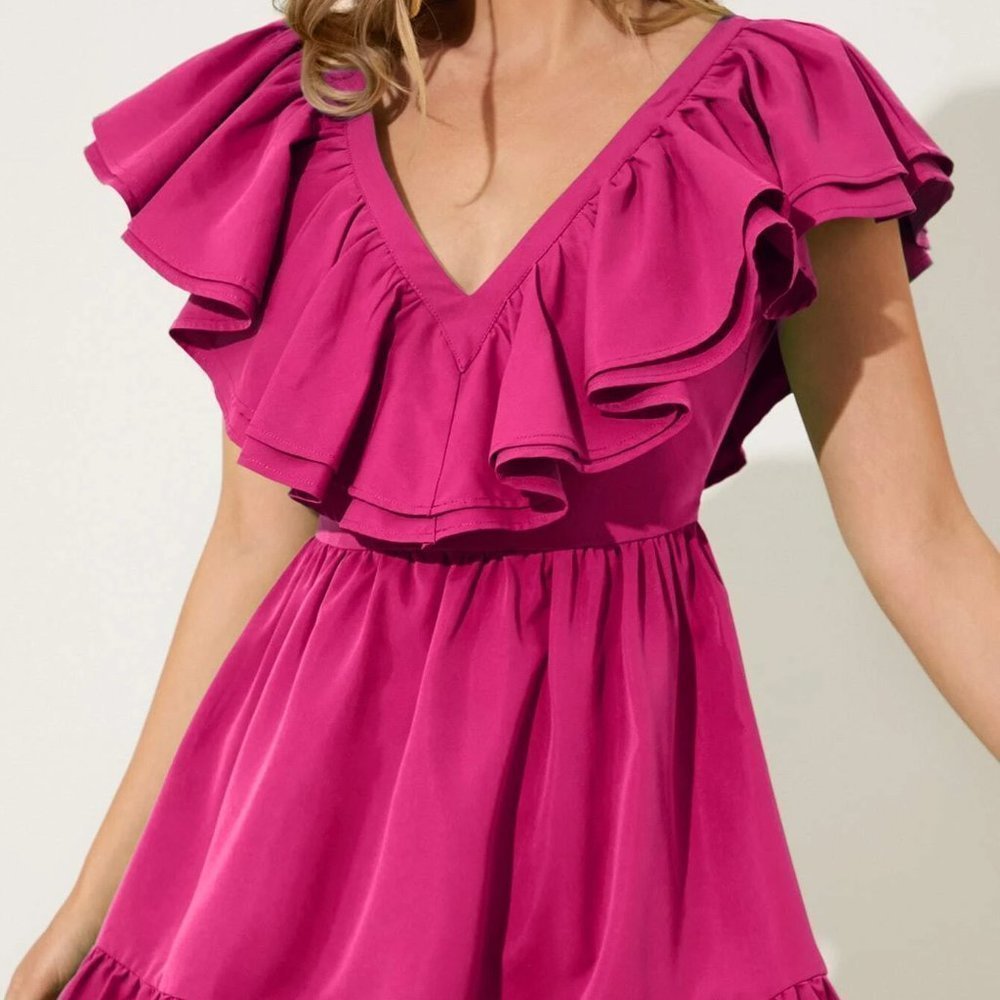 Pink two Layered Trim Ruffle Hem Dress chic fun summer - Picture 4 of 5